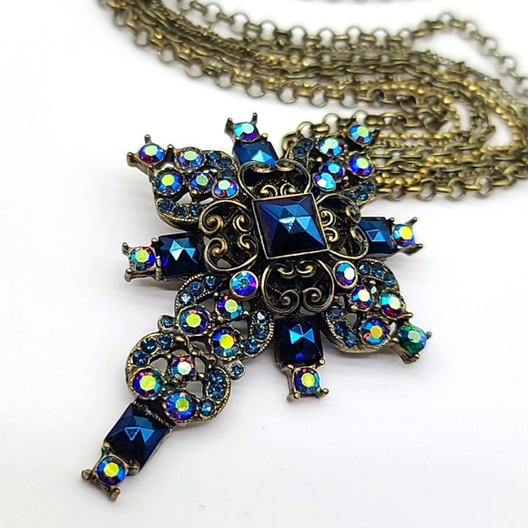 Sweet Romance "PEACOCK MIDNIGHT" Bronze & Deep Blue Swarovski Crystals Cross ✝️ - Picture 10 of 13
